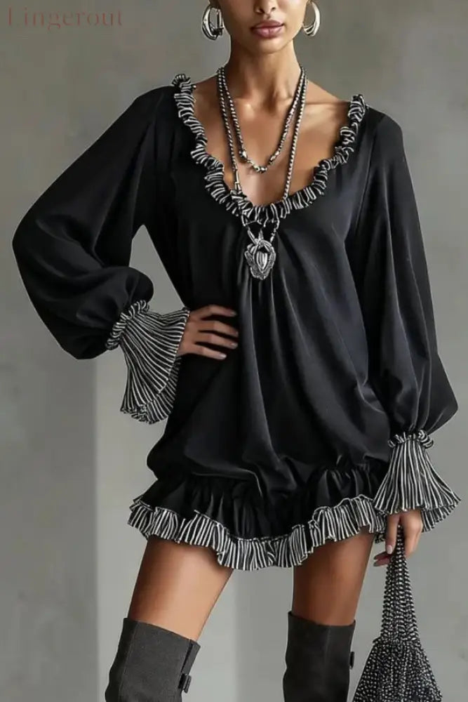 Fashionable Patchwork Ruffled Loose Long-sleeved Casual Mini Dress