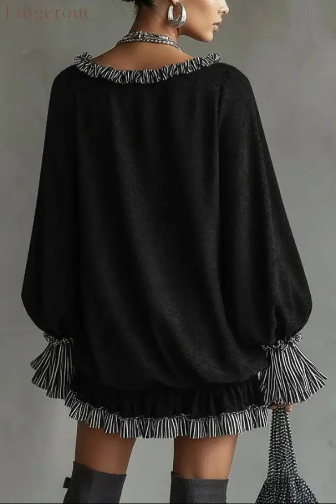 Fashionable Patchwork Ruffled Loose Long-sleeved Casual Mini Dress