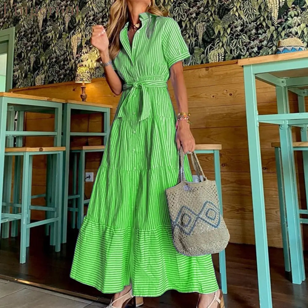 Fashionable Striped Print Short-Sleeved Loose Maxi Dress - Green / S