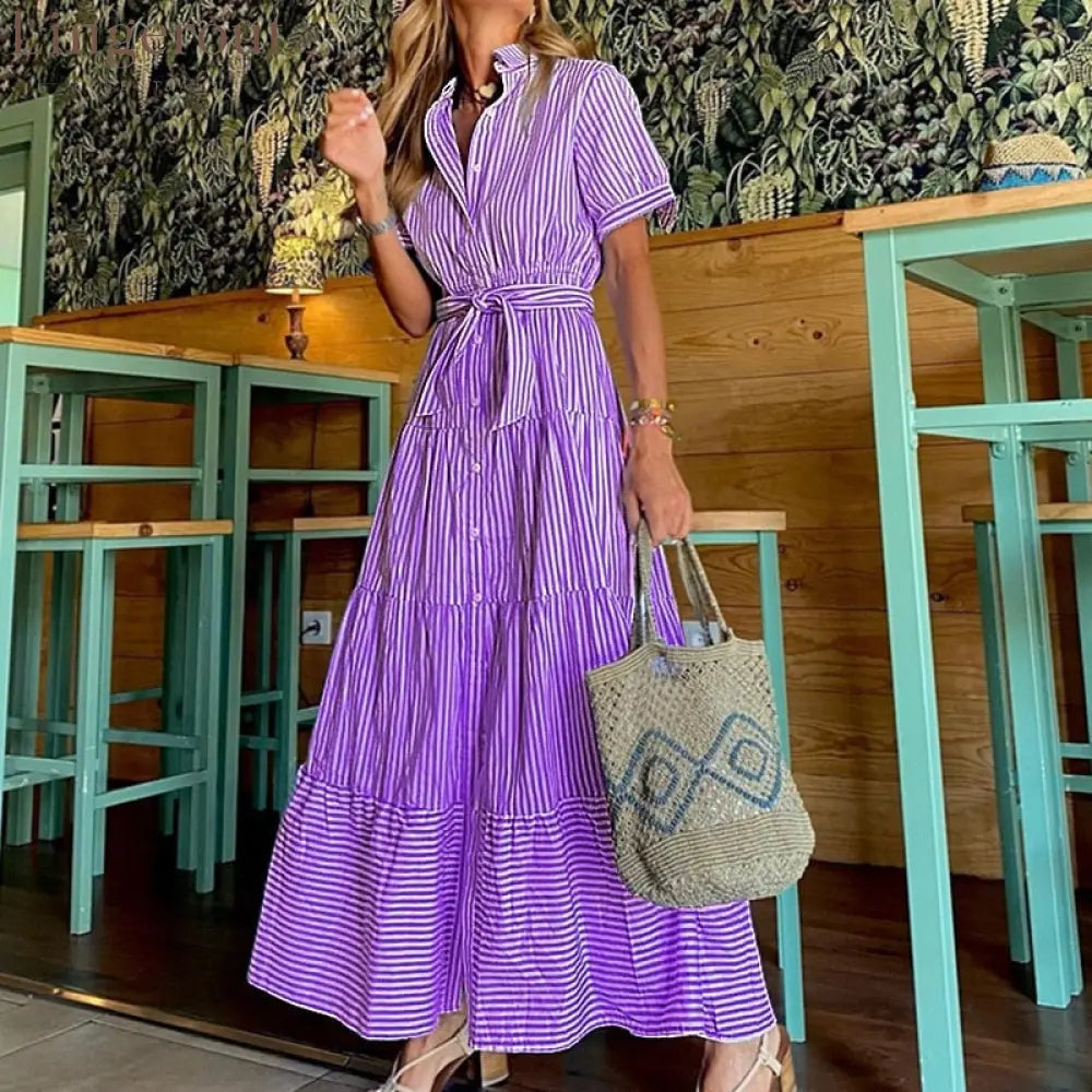 Fashionable Striped Print Short-Sleeved Loose Maxi Dress - Light Purple / S