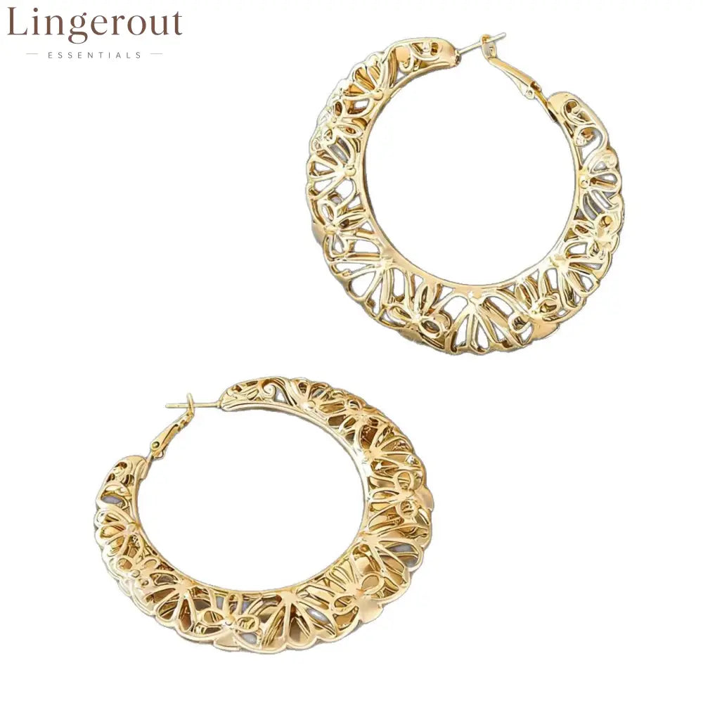 Filigree Floral Cutout Large Hoop Earrings 14K Gold Plated Vintage Hollow Hoop Earrings - Gold