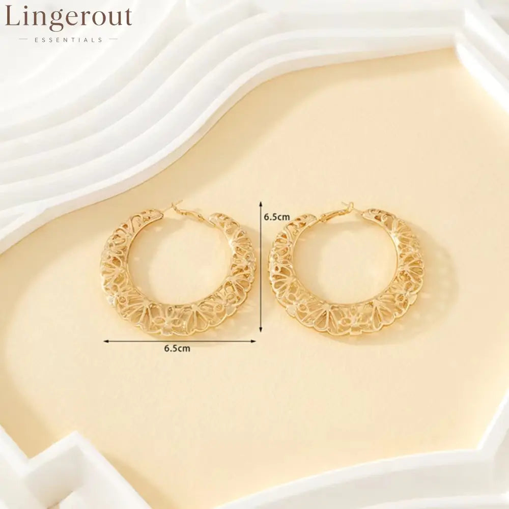 Filigree Floral Cutout Large Hoop Earrings 14K Gold Plated Vintage Hollow Hoop Earrings - Gold