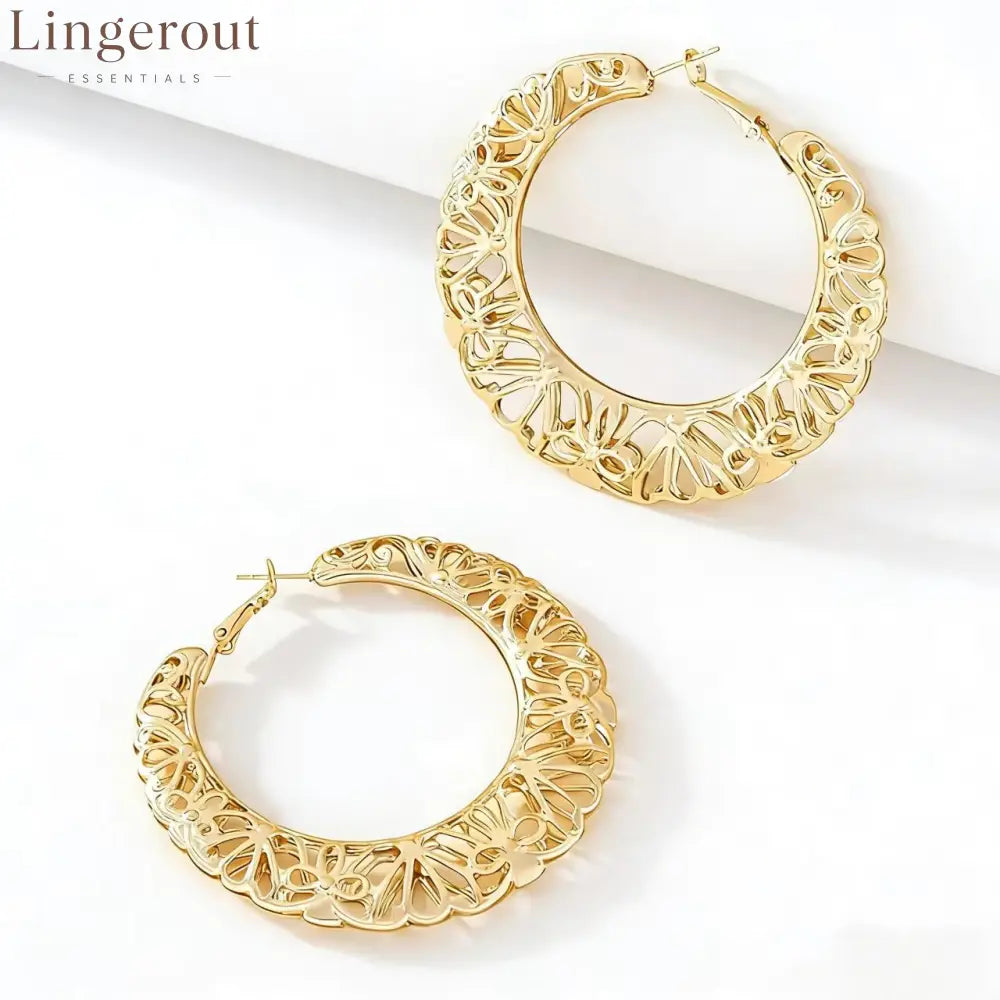 Filigree Floral Cutout Large Hoop Earrings 14K Gold Plated Vintage Hollow Hoop Earrings - Gold