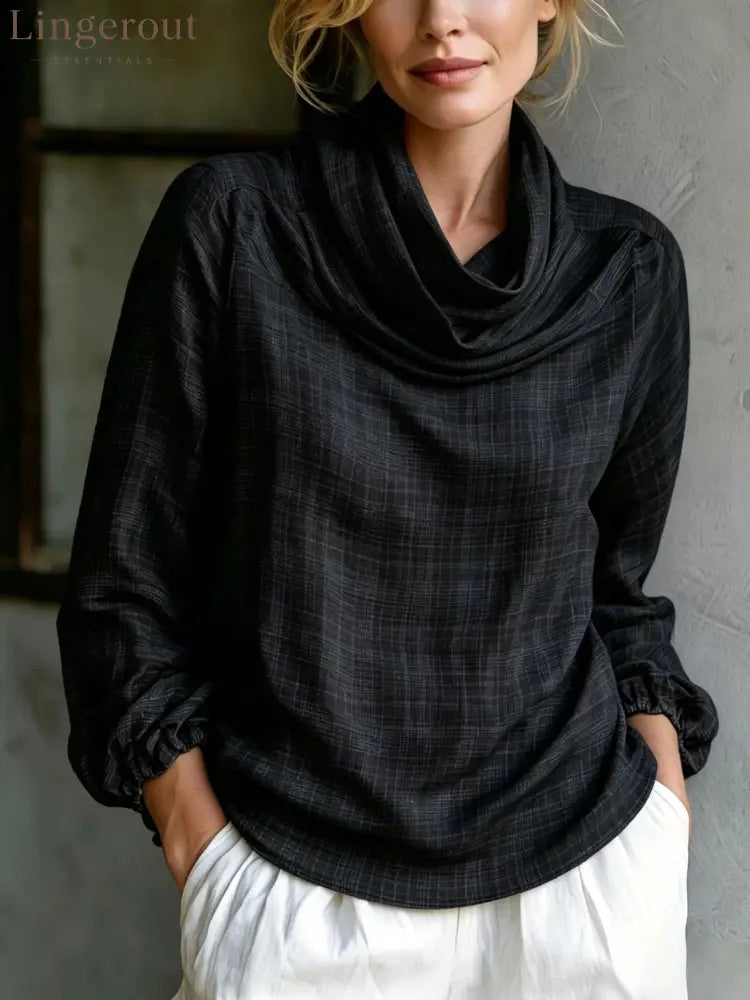 Fine Grid Cowl Neck Gathered Cuff Long Sleeve Linen Blouse - Black / S