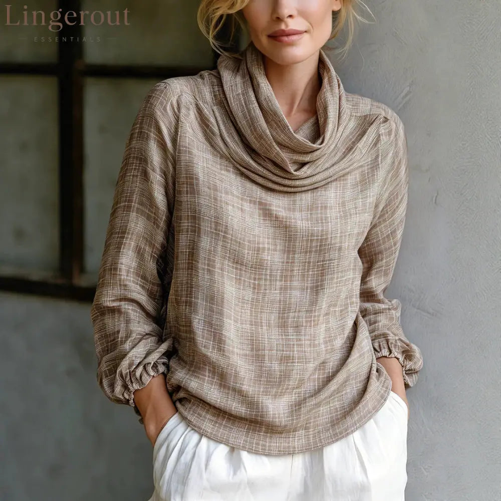 Fine Grid Cowl Neck Gathered Cuff Long Sleeve Linen Blouse - Khaki / S