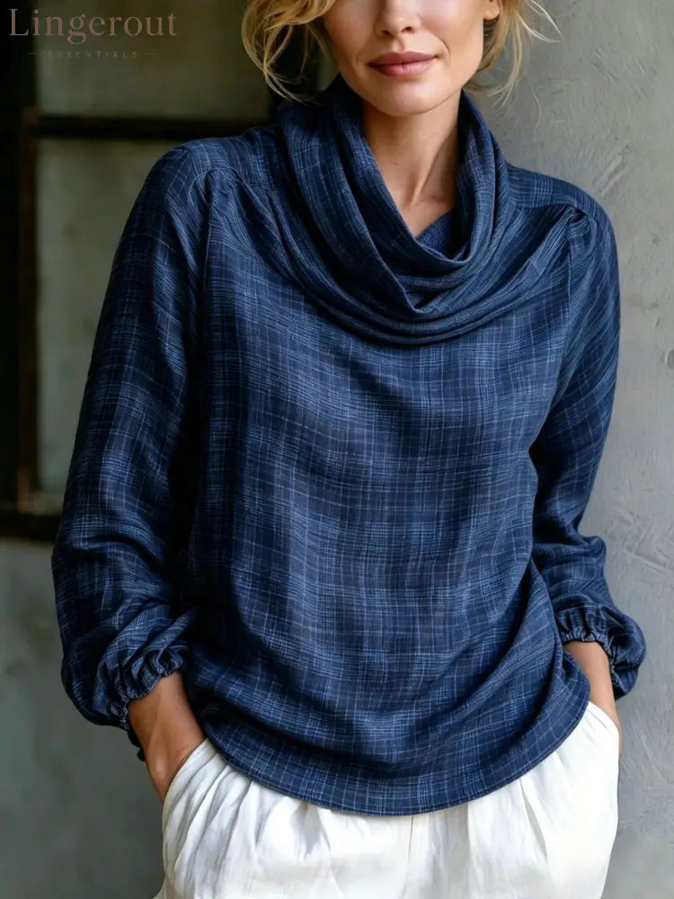 Fine Grid Cowl Neck Gathered Cuff Long Sleeve Linen Blouse - Navy blue / S