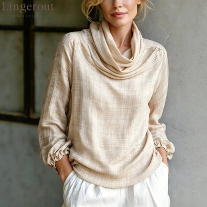 Fine Grid Cowl Neck Gathered Cuff Long Sleeve Linen Blouse - Off white / S