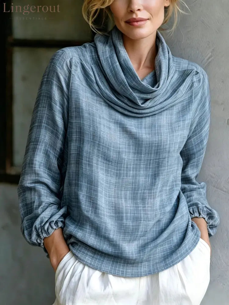 Fine Grid Cowl Neck Gathered Cuff Long Sleeve Linen Blouse - Sky blue / S