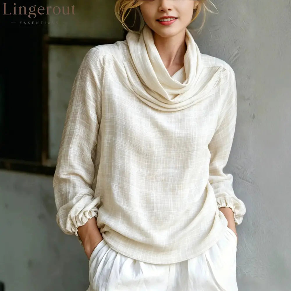 Fine Grid Cowl Neck Gathered Cuff Long Sleeve Linen Blouse - White / S