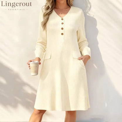 Fine‑Stripe V‑Neck Henley Midi Dress