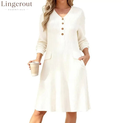 Fine‑Stripe V‑Neck Henley Midi Dress