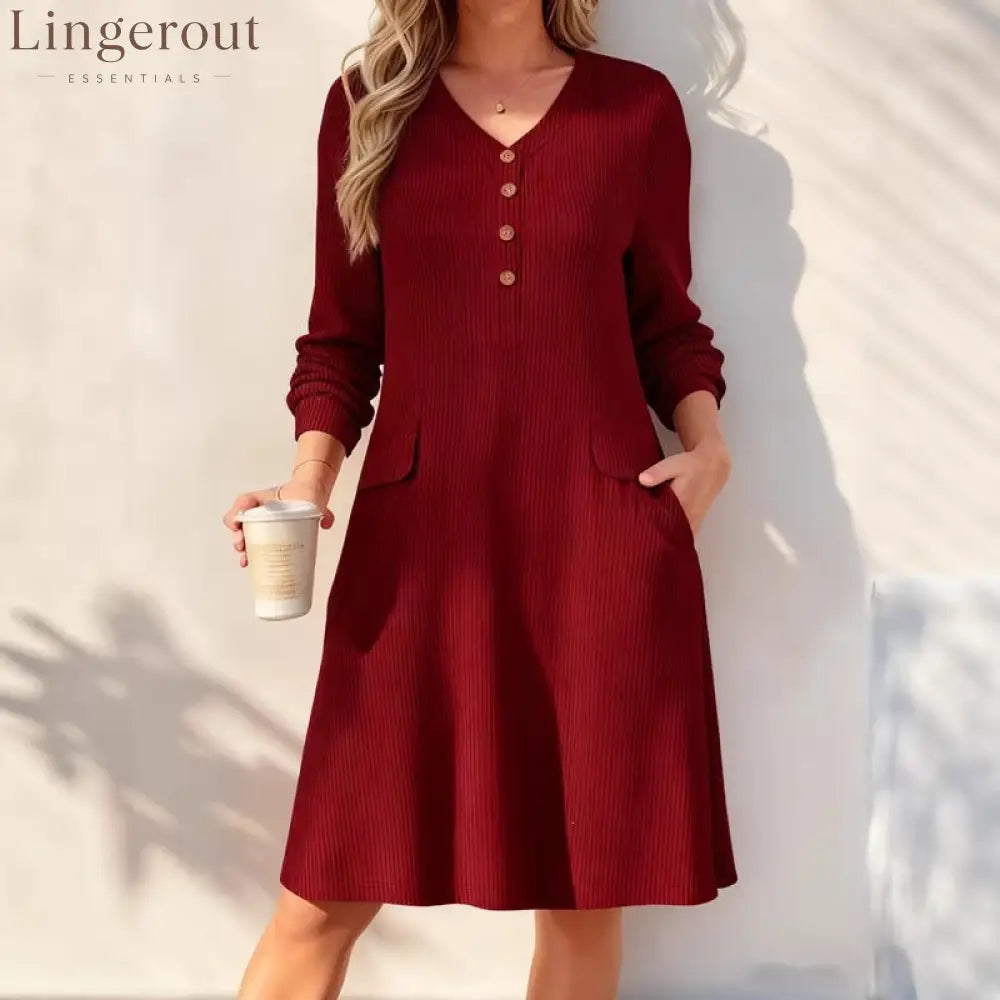 Fine‑Stripe V‑Neck Henley Midi Dress