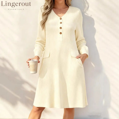 Fine‑Stripe V‑Neck Henley Midi Dress - Apricot / S