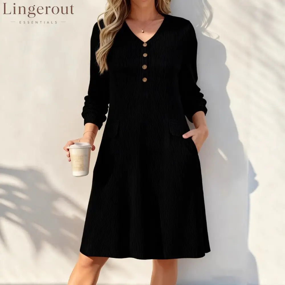 Fine‑Stripe V‑Neck Henley Midi Dress - Black / S