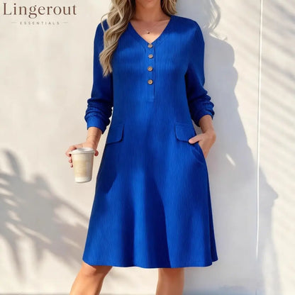 Fine‑Stripe V‑Neck Henley Midi Dress - Blue / S