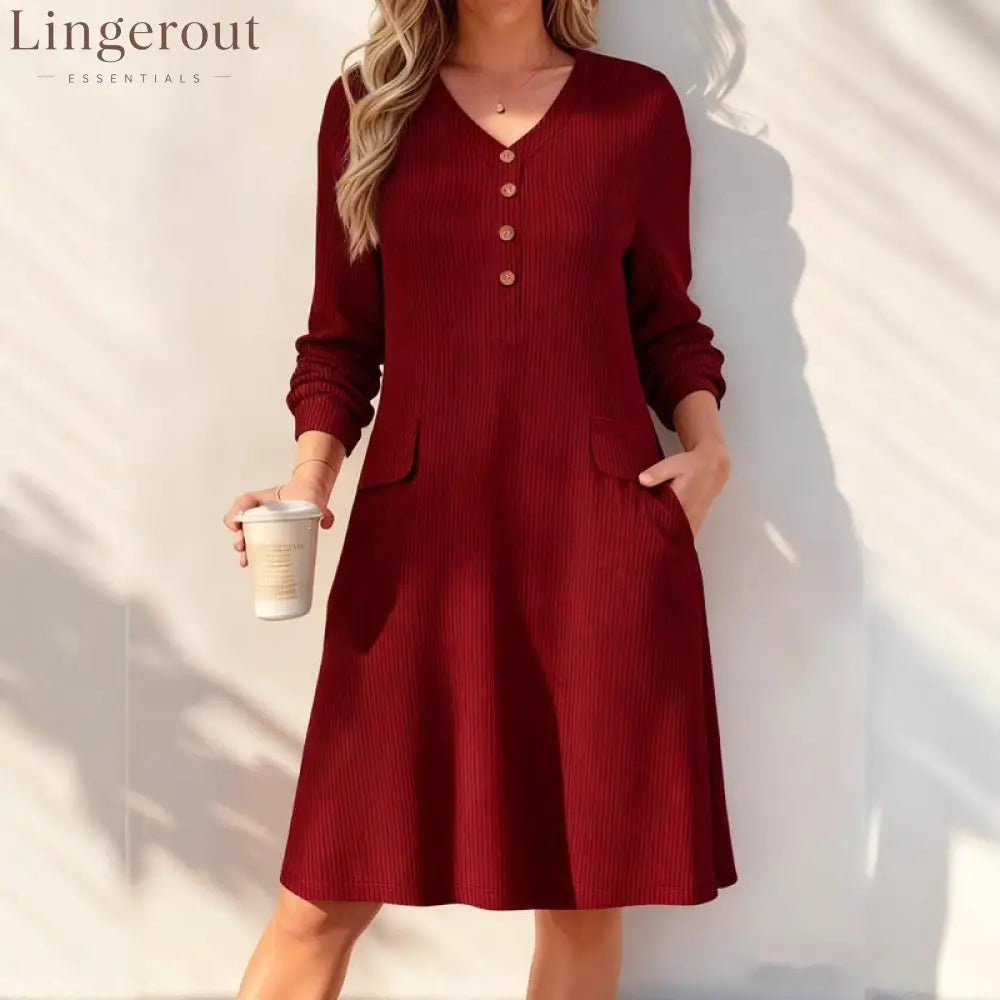Fine‑Stripe V‑Neck Henley Midi Dress - Claret / S