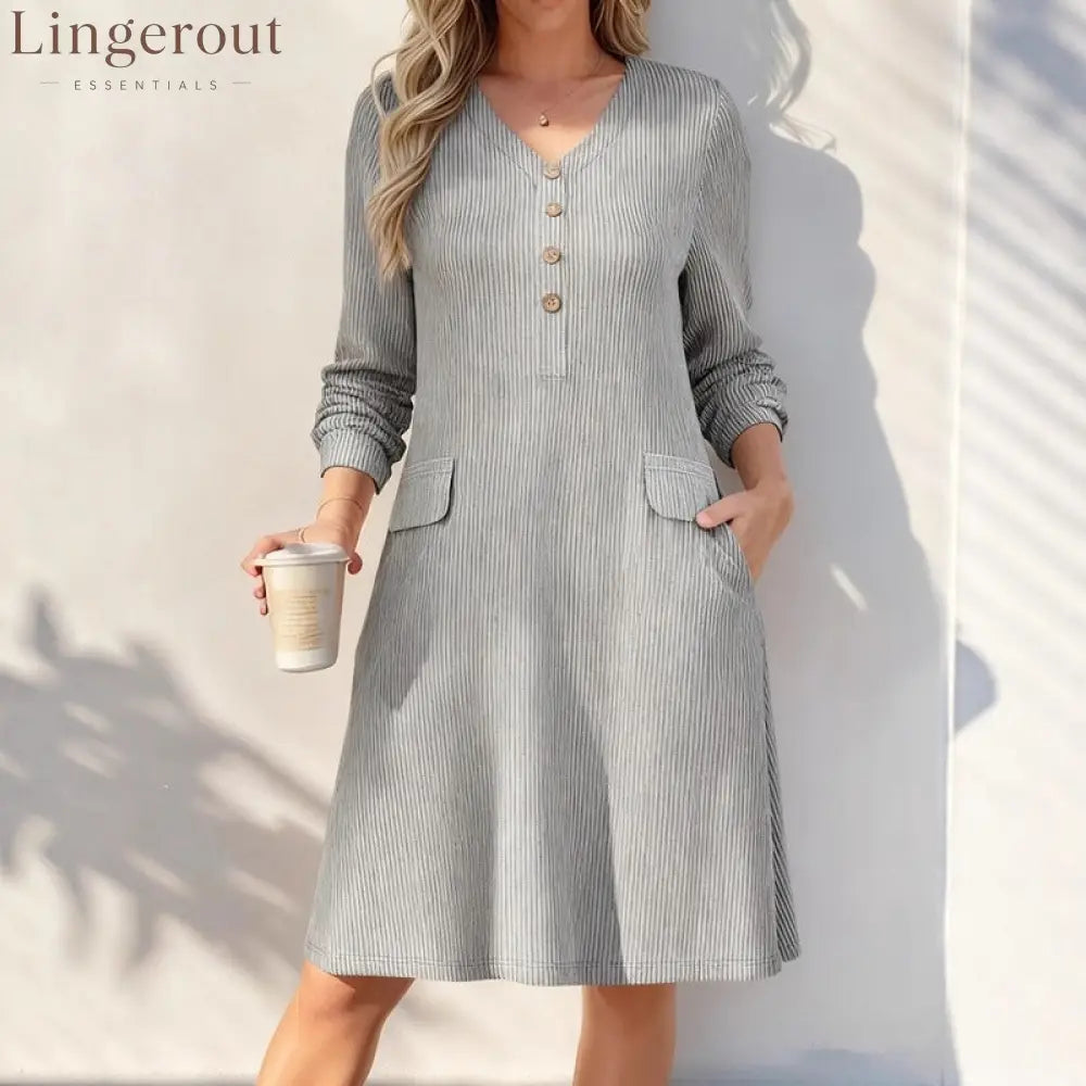 Fine‑Stripe V‑Neck Henley Midi Dress - Grey / S