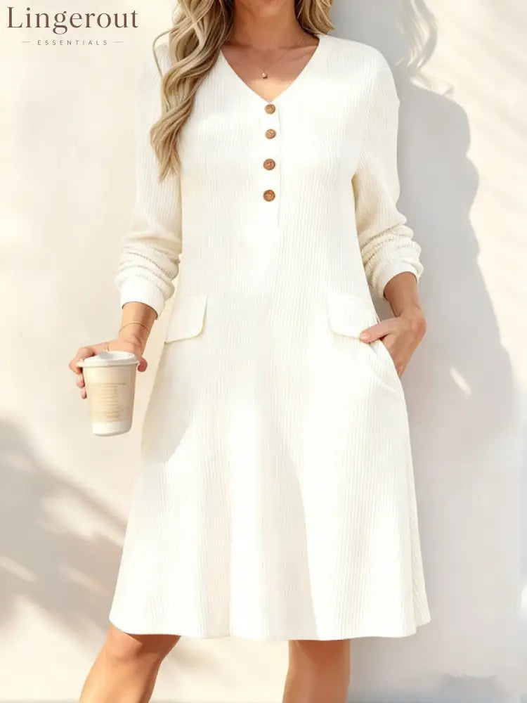 Fine‑Stripe V‑Neck Henley Midi Dress - White / S
