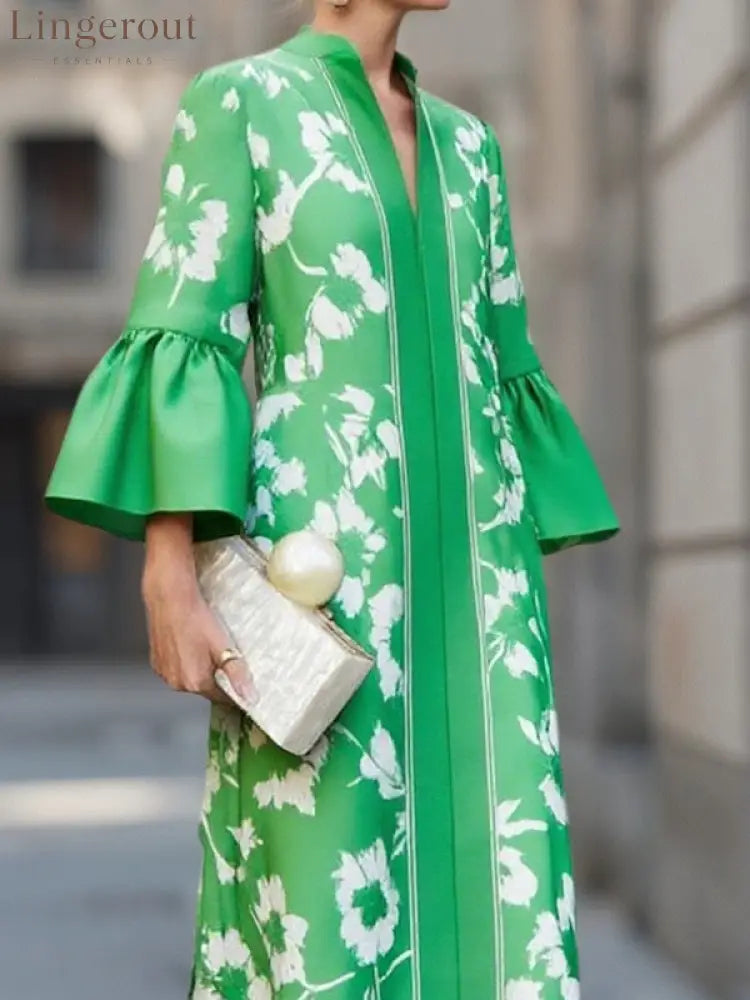 Flared Sleeves Loose Flower Print Pleated Pockets Split-Side V-Neck Maxi Dresses