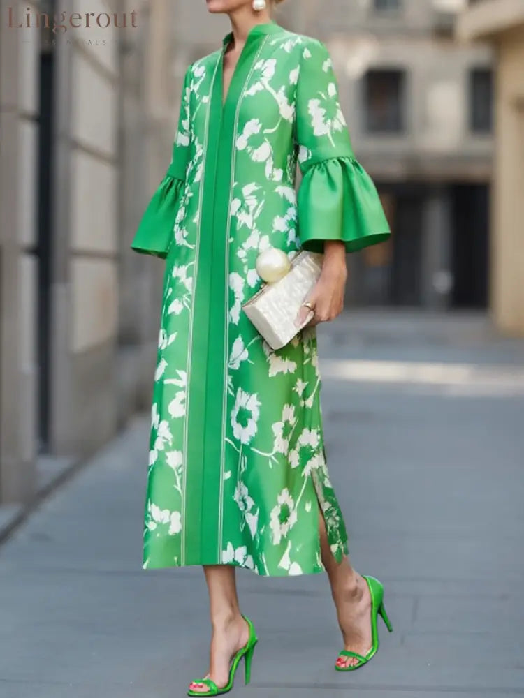 Flared Sleeves Loose Flower Print Pleated Pockets Split-Side V-Neck Maxi Dresses - GREEN / S