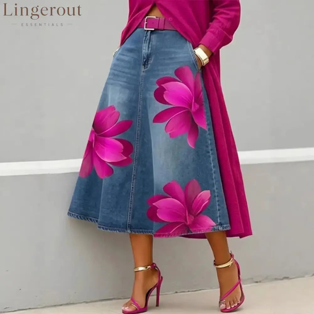 Floral Denim Midi Skirt