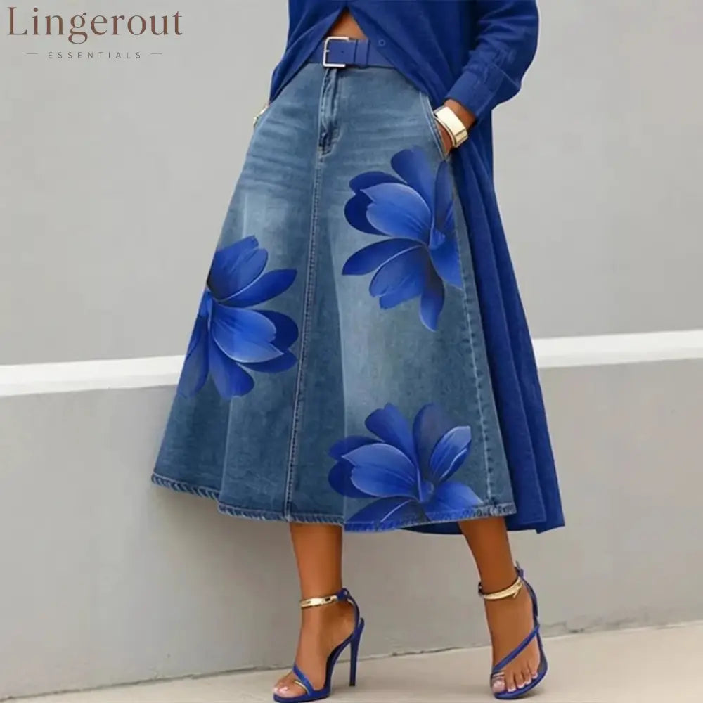 Floral Denim Midi Skirt