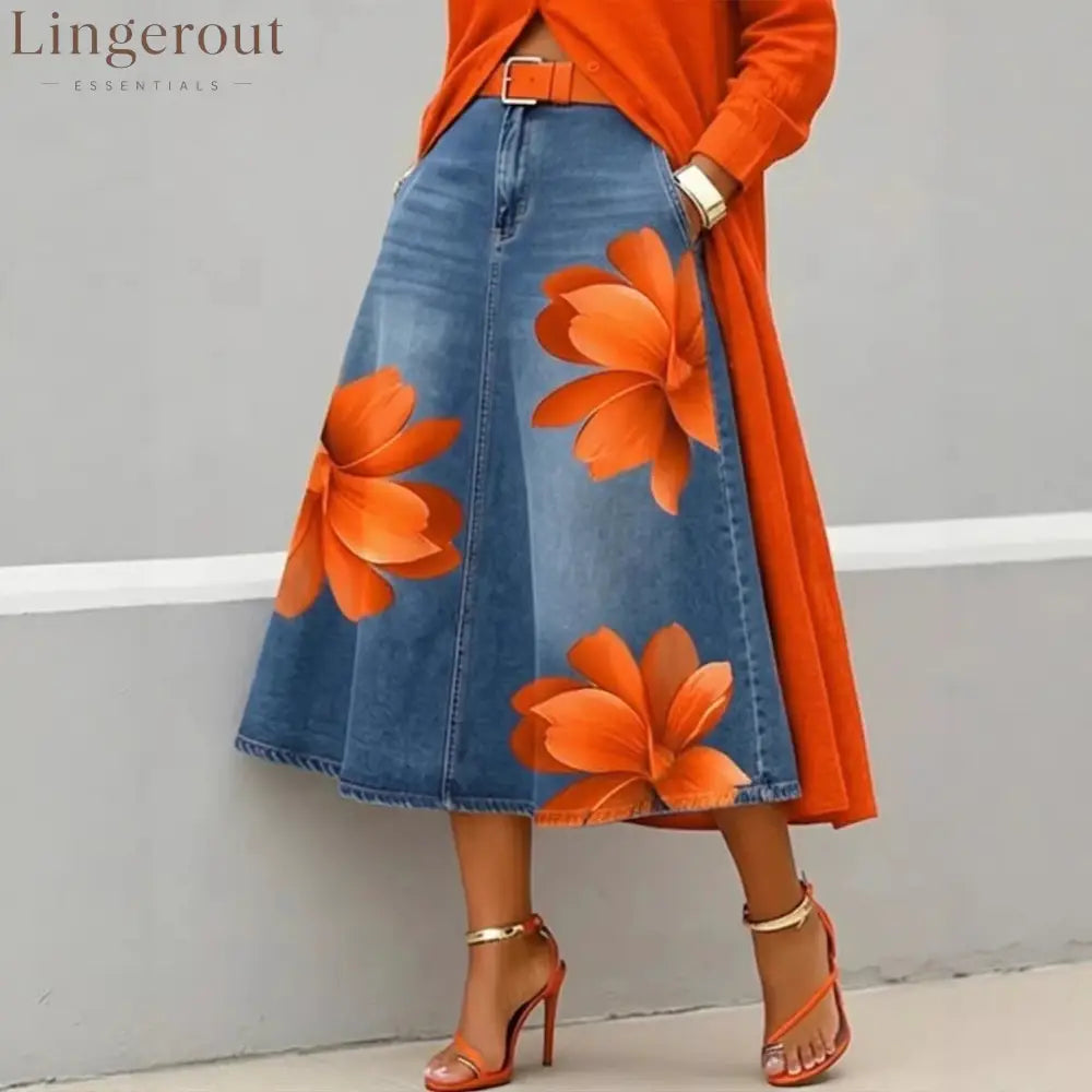Floral Denim Midi Skirt