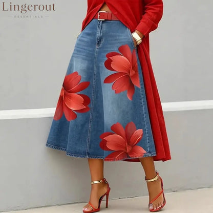 Floral Denim Midi Skirt