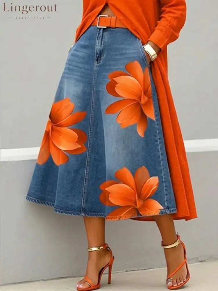 Floral Denim Midi Skirt - Orange flowers / S