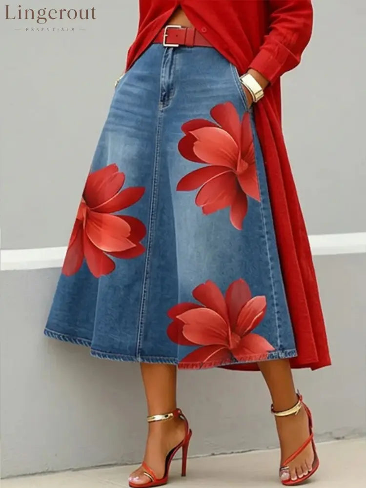 Floral Denim Midi Skirt - Red flowers / S