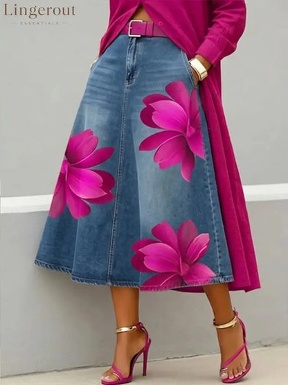 Floral Denim Midi Skirt - Rose red flowers / S
