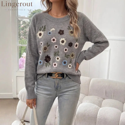 Cross-Border Independent Station Heavy Industry Flower Embroidered Sweater Women’S Pullover 2026 Autumn And Winter New