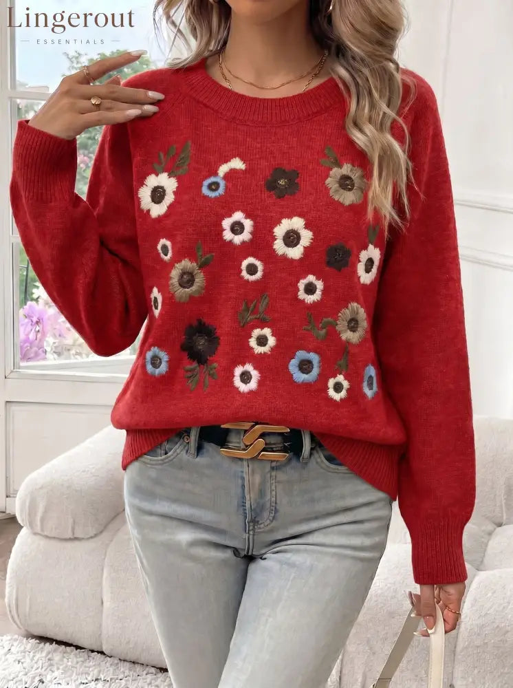 Cross-Border Independent Station Heavy Industry Flower Embroidered Sweater Women’S Pullover 2026 Autumn And Winter New