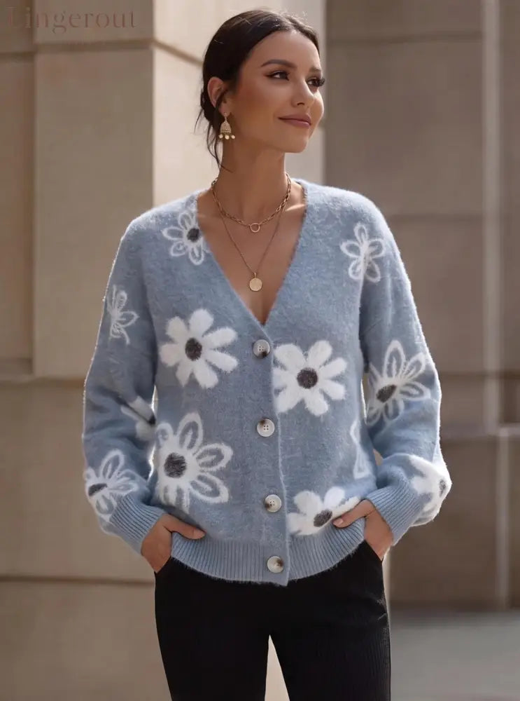 Floral Fuzzy Knit Cardigan - Blue / S