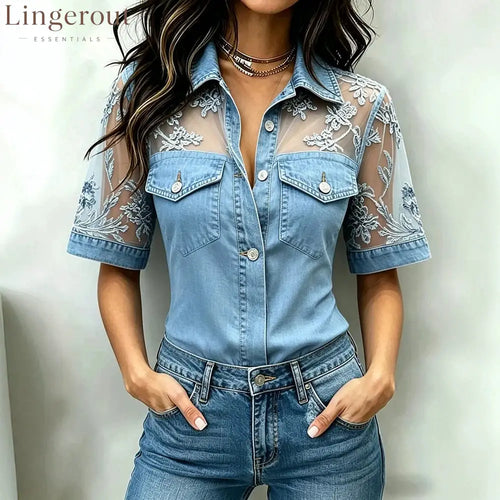 Floral Lace Mesh Denim Shirt