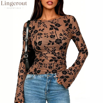 Floral Mesh Ruched Long Sleeve Top