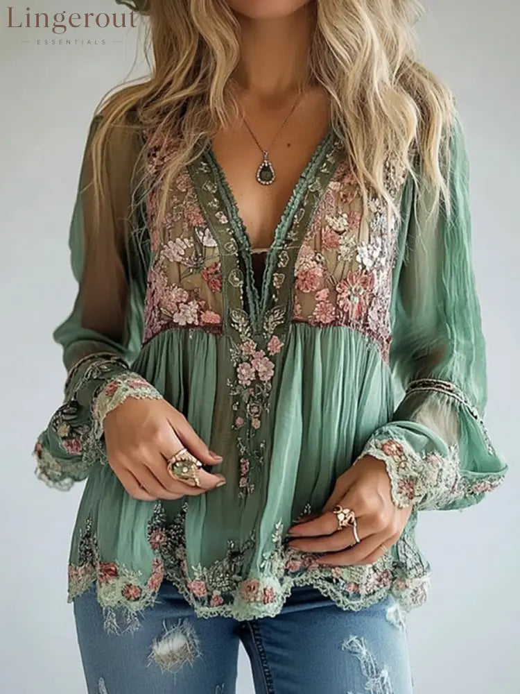 Floral Pattern V Neck Semi-Transparent Long Sleeve Blouse - Green / S