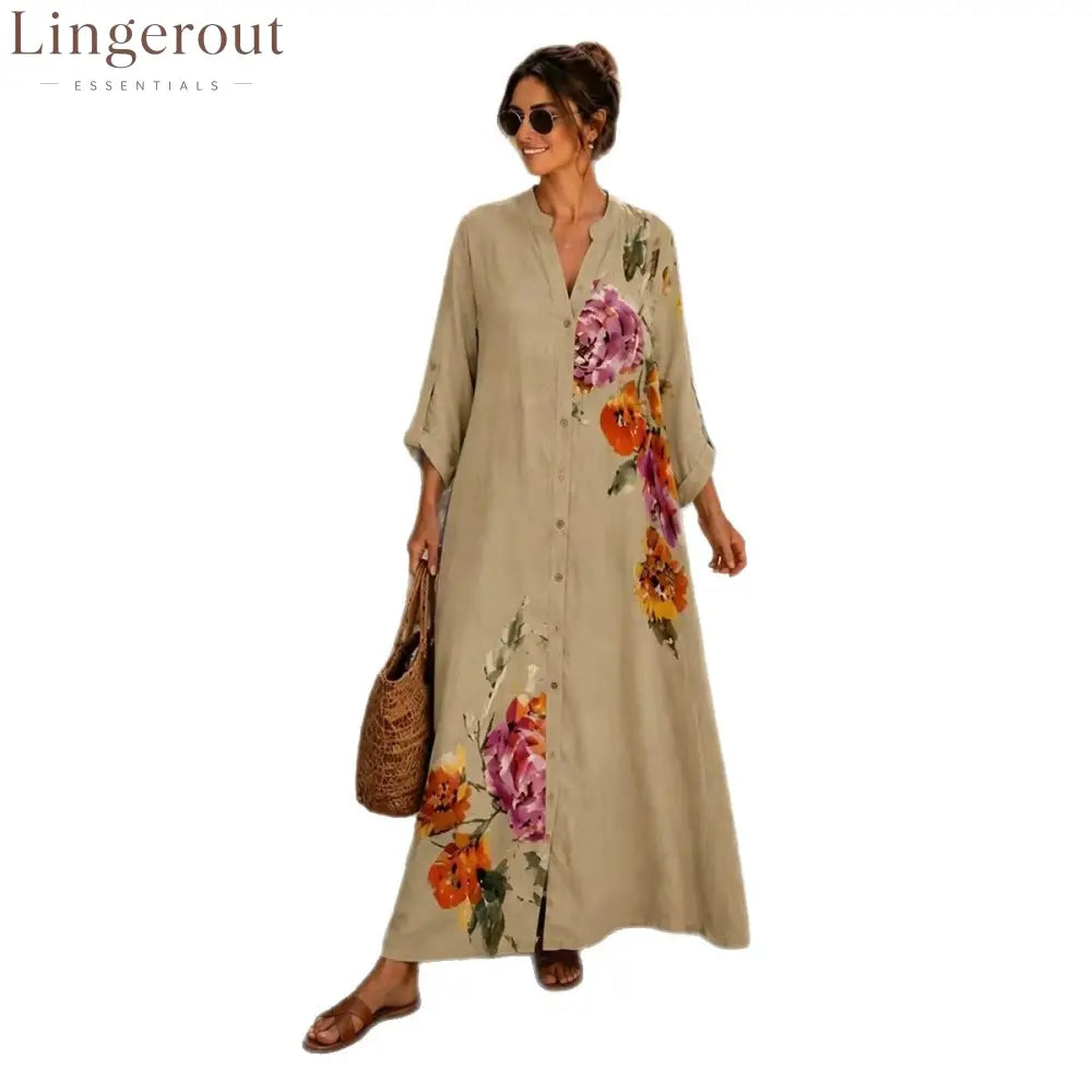 Floral Print Linen Button Down Maxi Dress