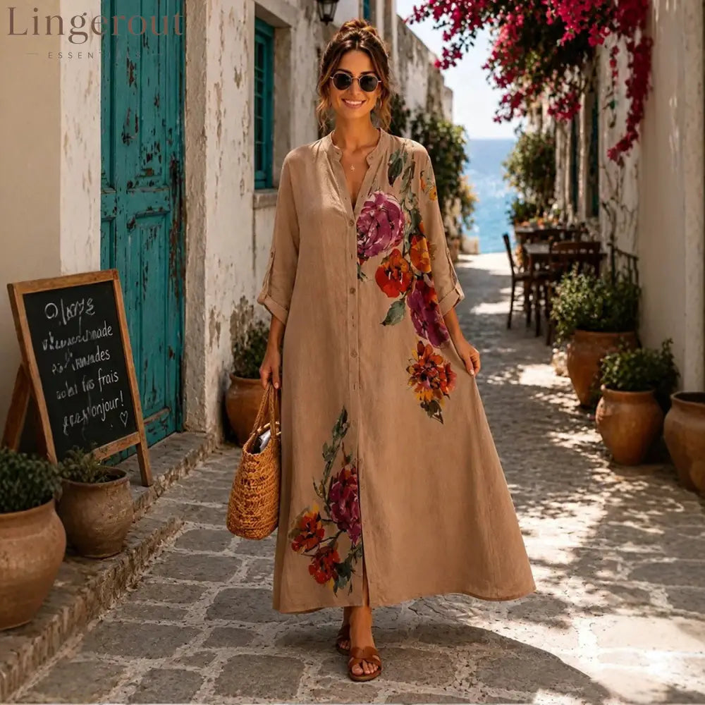 Floral Print Linen Button Down Maxi Dress