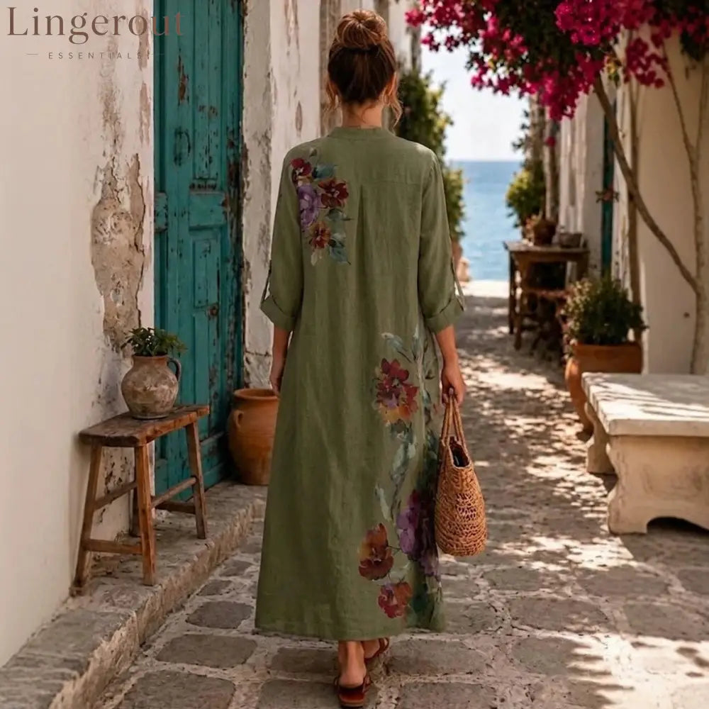 Floral Print Linen Button Down Maxi Dress