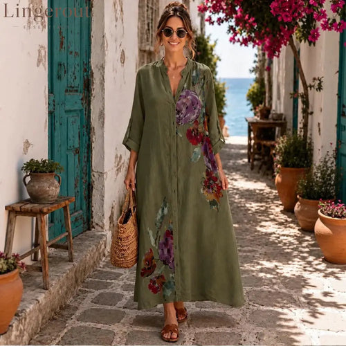 Floral Print Linen Button Down Maxi Dress
