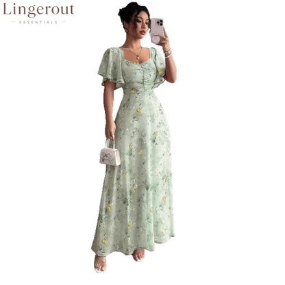 Floral Print Ruched Flutter Sleeve Maxi Dress