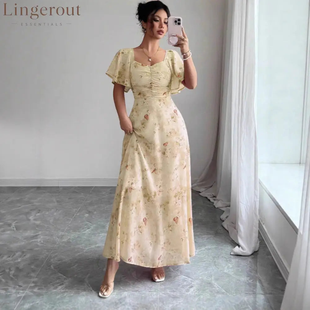 Floral Print Ruched Flutter Sleeve Maxi Dress