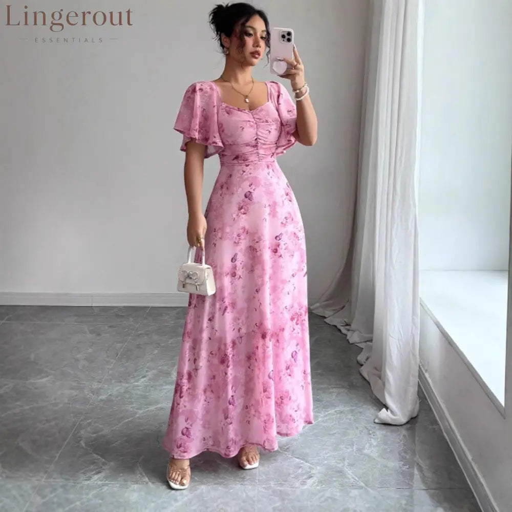 Floral Print Ruched Flutter Sleeve Maxi Dress