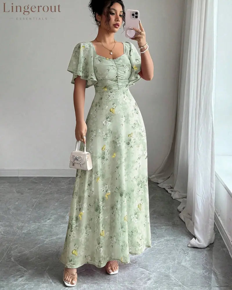 Floral Print Ruched Flutter Sleeve Maxi Dress - Light green / S