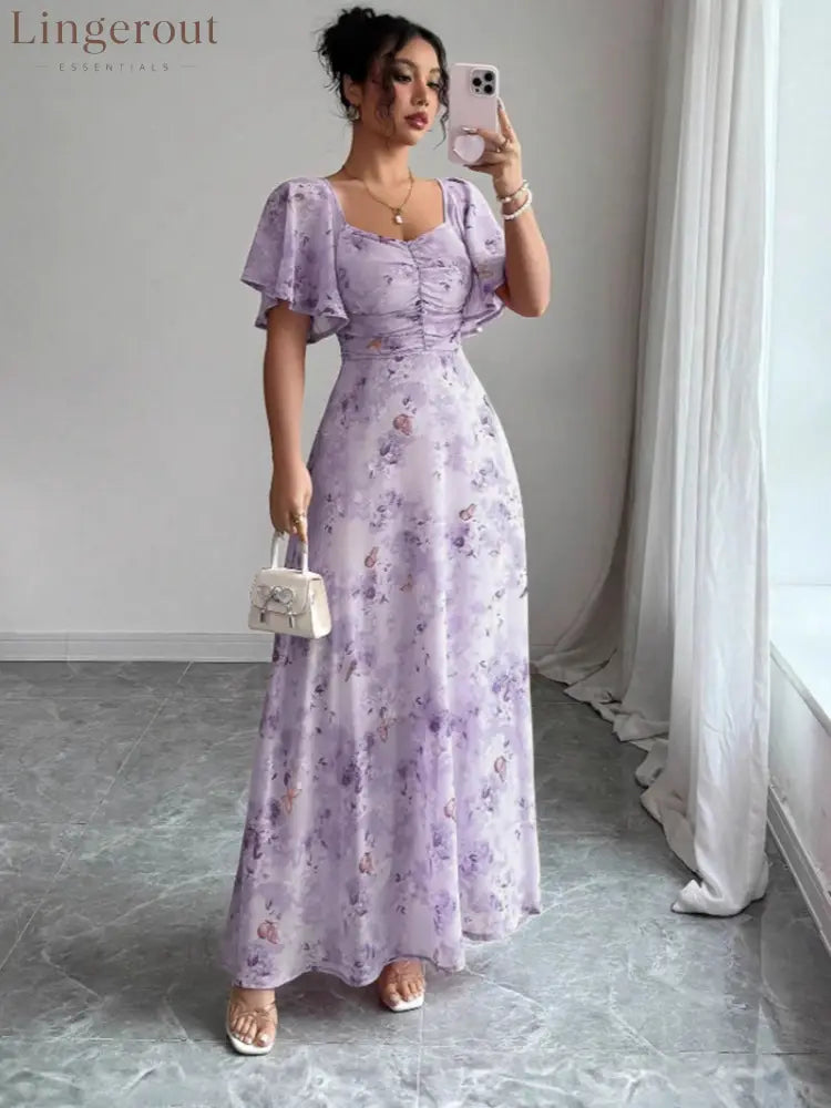 Floral Print Ruched Flutter Sleeve Maxi Dress - Light purple / S