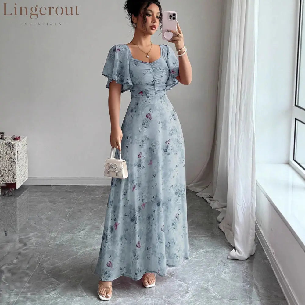 Floral Print Ruched Flutter Sleeve Maxi Dress - Navy blue / S