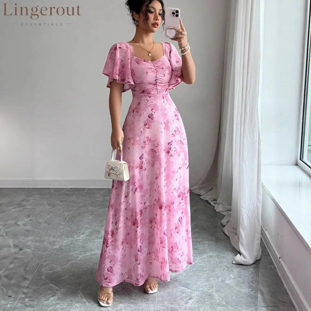 Floral Print Ruched Flutter Sleeve Maxi Dress - Pink / S