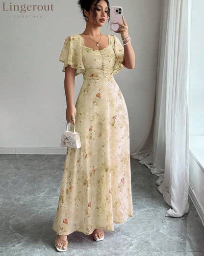 Floral Print Ruched Flutter Sleeve Maxi Dress - Yellow / S