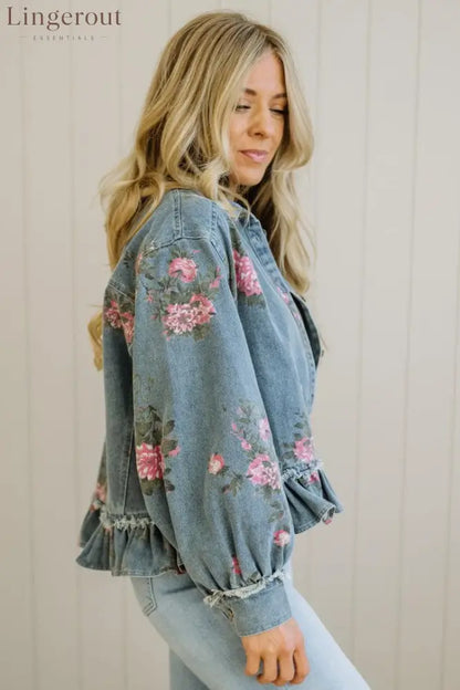 Floral Print Ruffled Denim Jacket
